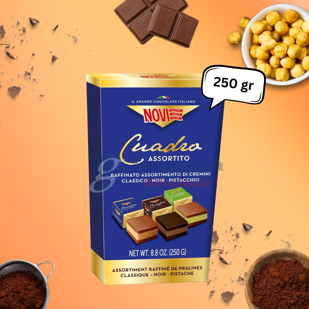 Novi Cuadro Chocolate Classic 150 Gr - Cokelat Hitam Manis dengan Kacang Hazel & Pistachio - Pralines Box 250 Gr - Kualitas Terbaik